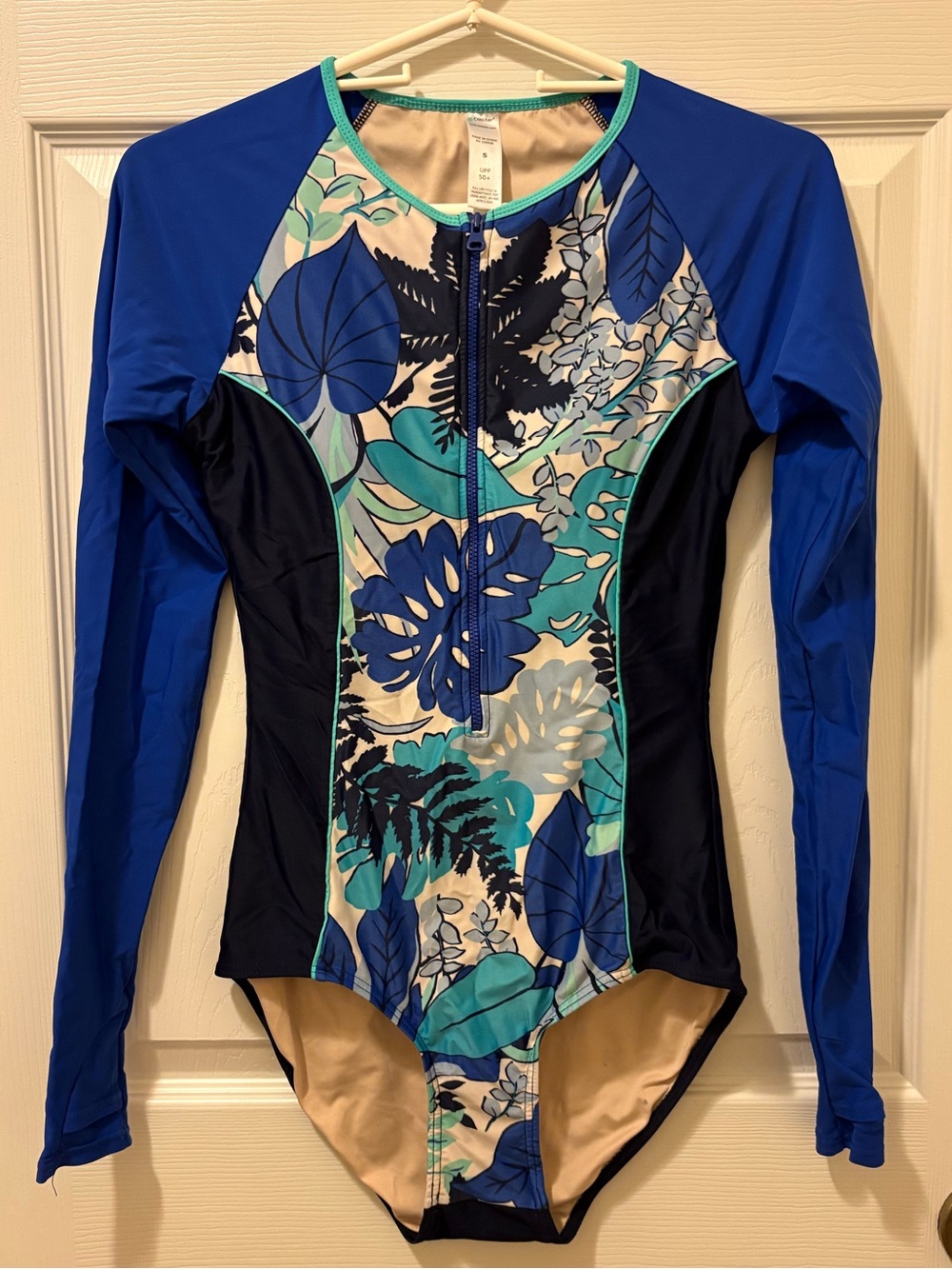 Coolibar Blue Floral Zip-Front Long-Sleeve One-Piece